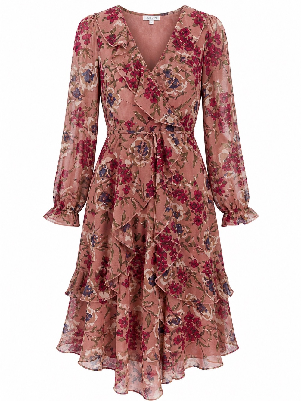 Hayden NWT Floral Ruffle Wrap Dress Small | Asymmetrical Hem Boho Midi